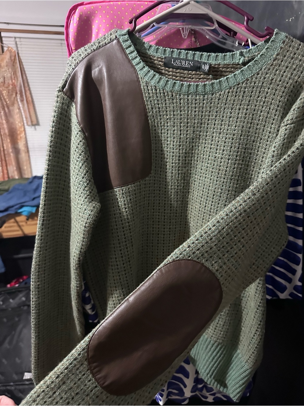 Vtg Ralph Lauren Olive Crewneck Sweater Brown Shoulder Patch and Elbow Patch - Picture 5 of 6